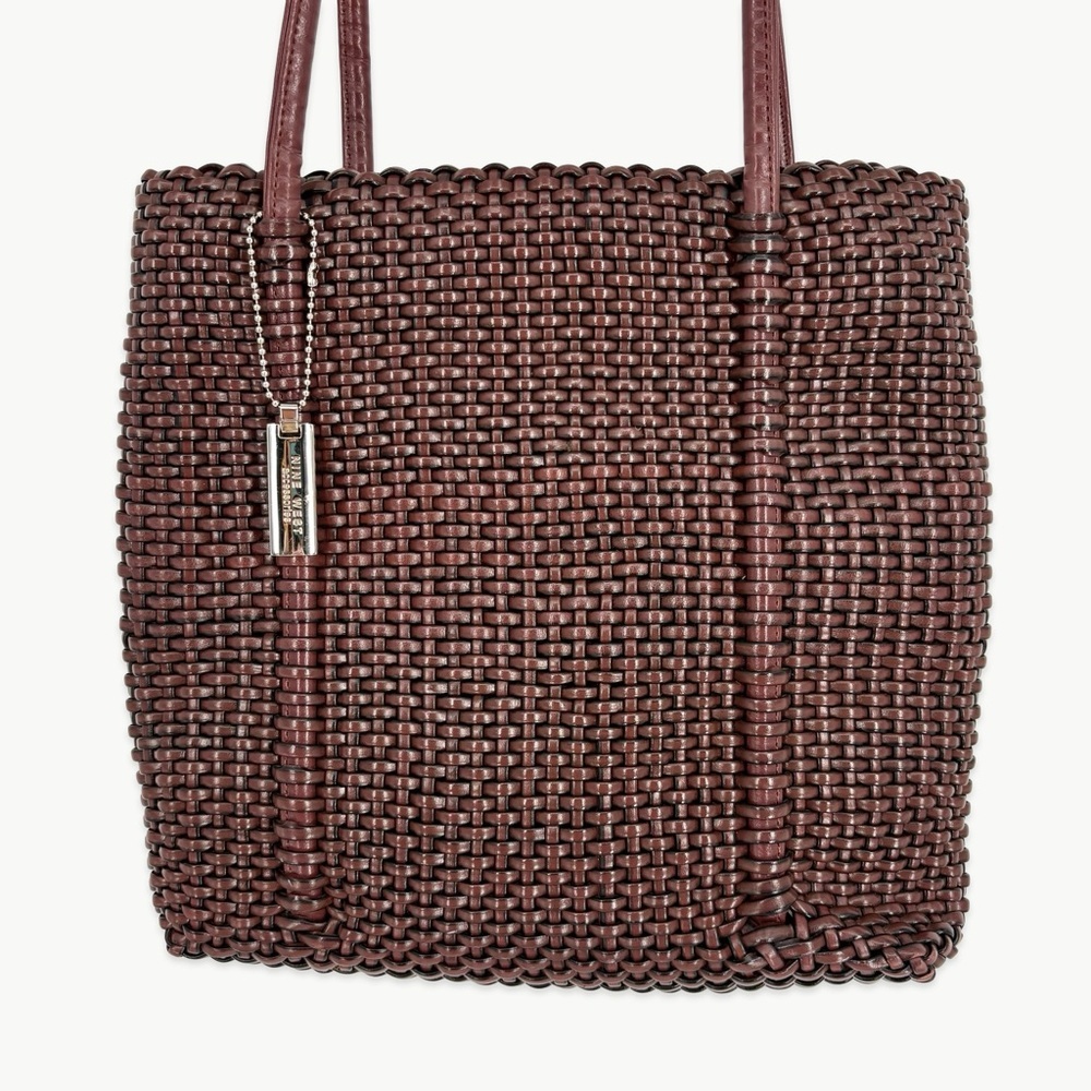 Vintage Nine West Woven Faux Leather Tote Bag Brown Y2K Shoulder Minimalist - Picture 2 of 12
